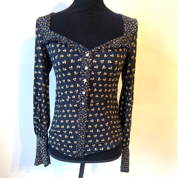 Free People Shirt, Navy Blue with Yellow and White Floral Print, Size Medium - Picture 2 of 6